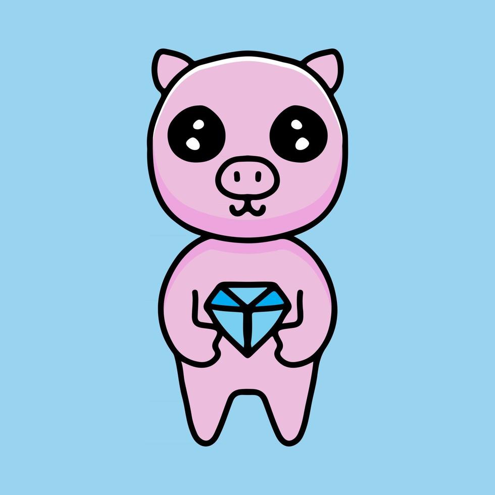 desenho de porco kawaii segurando diamante. ilustração de design